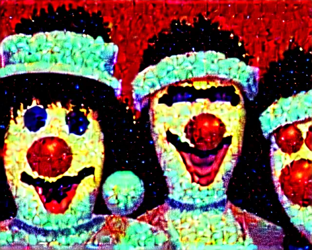 Image similar to 8 0's christmas special, featuring frosty the snowman, the band kiss, and the harlem globe trotters, frame from vhs tape