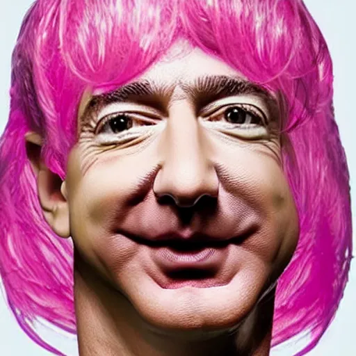 Image similar to jeff bezos wearing a pink wig, studio, medium shot