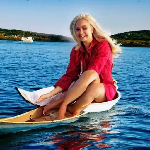 Prompt: A blonde woman sailing a boat made out of chocolate