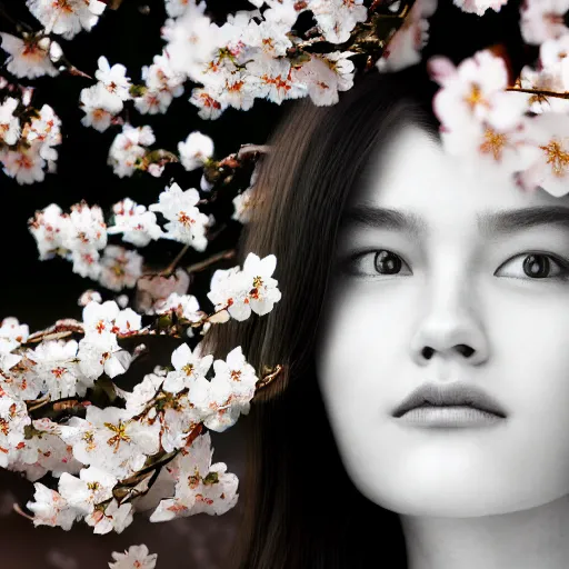 Prompt: double exposure photo of a face of a woman and cherry blossoms, award-winning photograph, 8k UHD