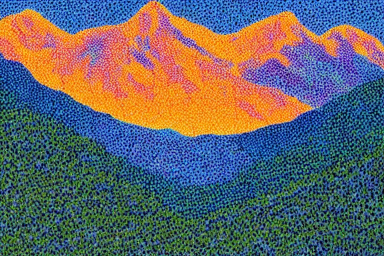 Prompt: Orange and teal mountains, pointillism