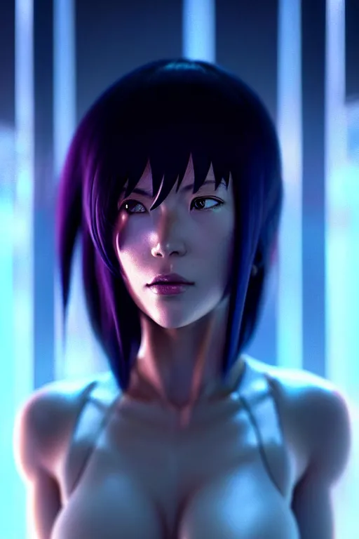 Image similar to a film still portrait of a motoko kusanagi ghost in the shell, finely detailed features : : gits sac twenty forty five netflix : : by ilya kuvshinov, rossdraws, artgerm, sola digital arts, octane render, production ig, volumetric lighting, anti aliasing, raytracing : :