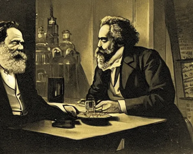 Prompt: karl marx chatting with aristotle in a bar, nighttime, noir, golden lights, calm feeling