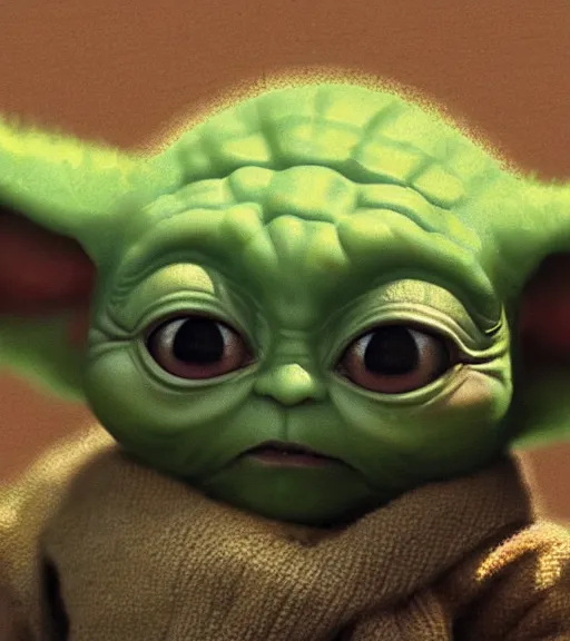 Image similar to a closeup portrait of Baby Yoda by Craig Mullins; extraordinary-masterpiece; realistic-lighting; anatomically-correct; 90mm; f/1.4