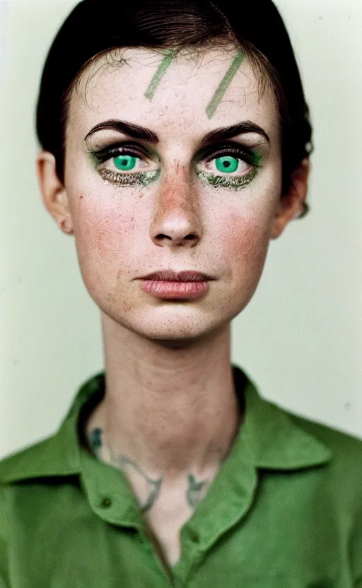 Image similar to tattooed white girl, brown hair, green eyes, dutch, wide set eyes, oval face, round cheeks, wearing green shirt, symmetrical, 3 0 years old, pretty, high cheekbones, leica s, 5 0 mm lens, kodachrome, 1 9 6 9, shot by platon