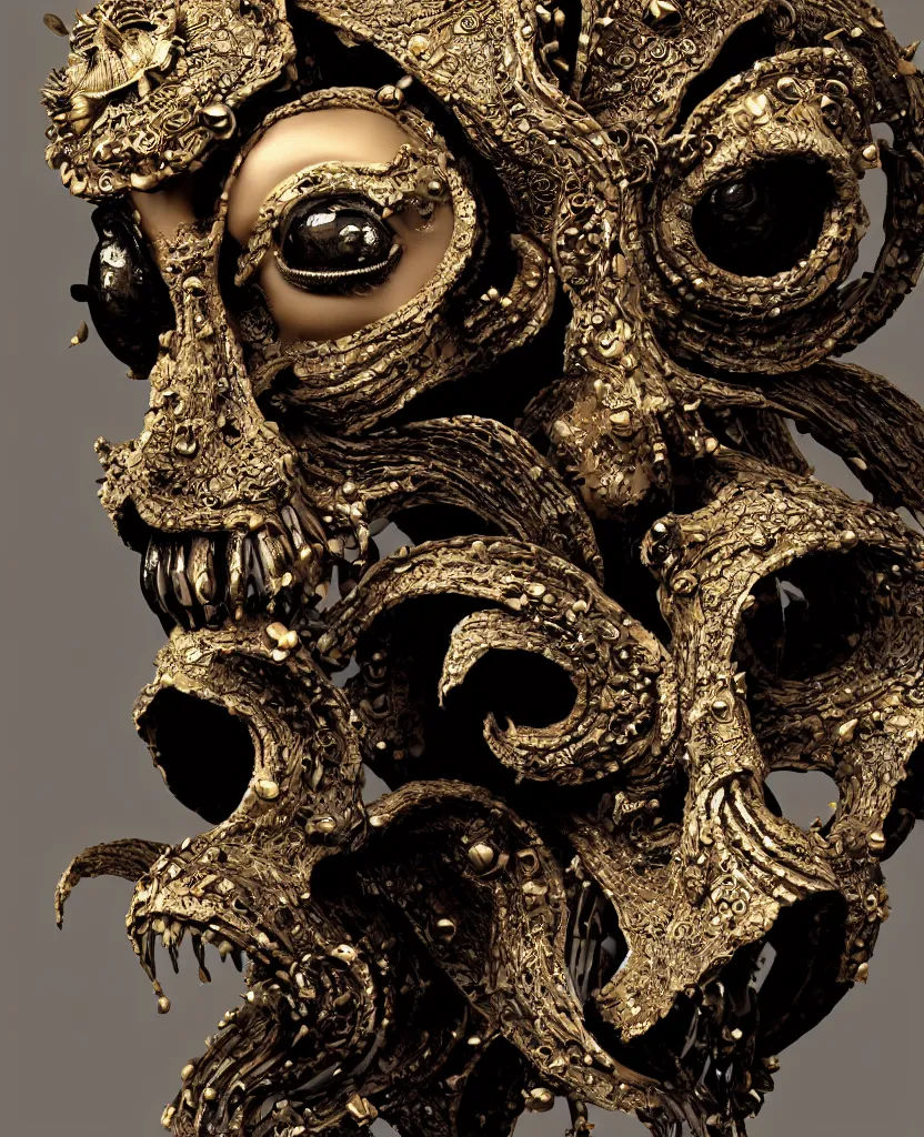 Image similar to goddess princess face close-up portrait ram skull. sculpture made of black clay and gold. jellyfish phoenix head, nautilus, orchid, skull, betta fish, bioluminiscent creatures, intricate artwork by Tooth Wu and wlop and beeple. octane render, trending on artstation, greg rutkowski very coherent symmetrical artwork. cinematic, hyper realism, high detail, octane render, 8k