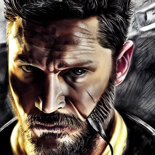 Image similar to Tom Hardy as wolverine in Black Damaged leather suit Digital art 4K quality Photorealism