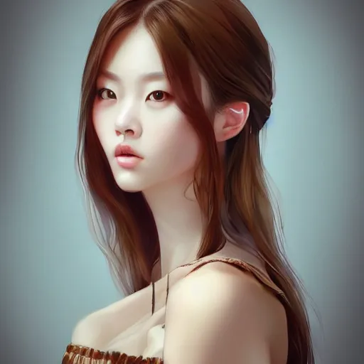 Image similar to a beautiful korean woman with hazel eyes and brown hair, wearing plaid pleat shorts and drawstring shirred tube top, stunning, highly detailed, digital painting, artstation, hard focus, art by artgerm and wlop