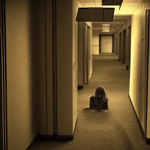 Image similar to the creature from It Follows in a Liminal space, the backrooms, office/thrift store/social hall, carpet, abandoned, poor fluorescent lighting, yellow tint, security camera footage, low resolution