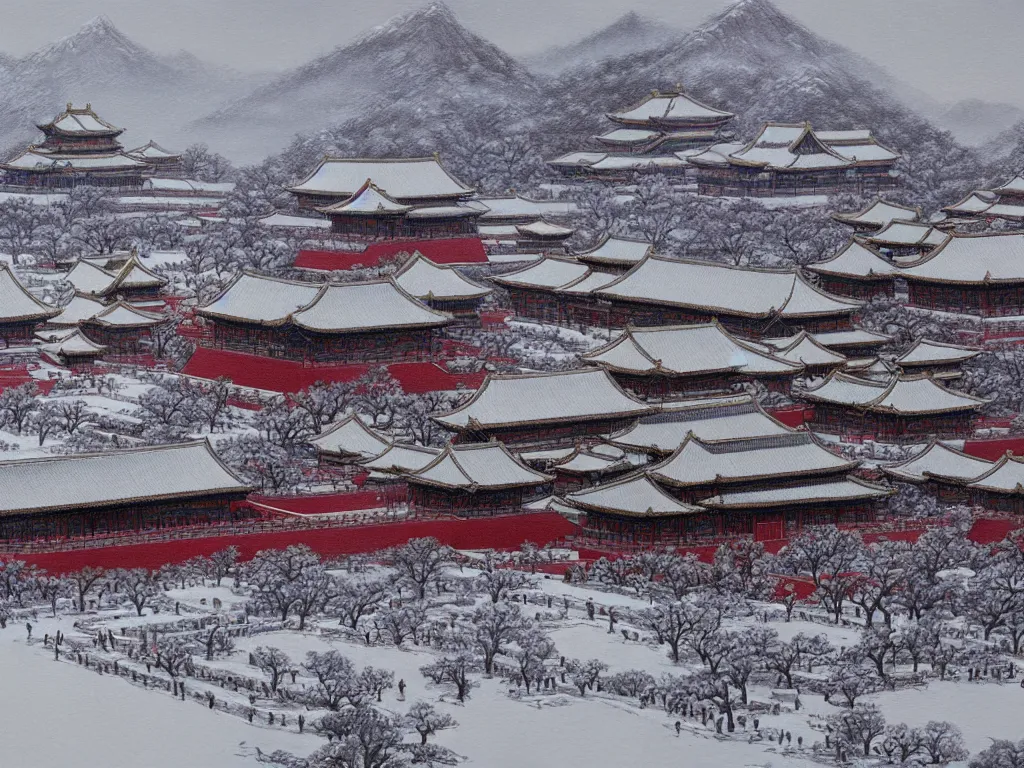 Prompt: forbidden city on snow mountain, highly detailed, cinematic landscape ， on a snowy day, oil painting style, by xu beihong