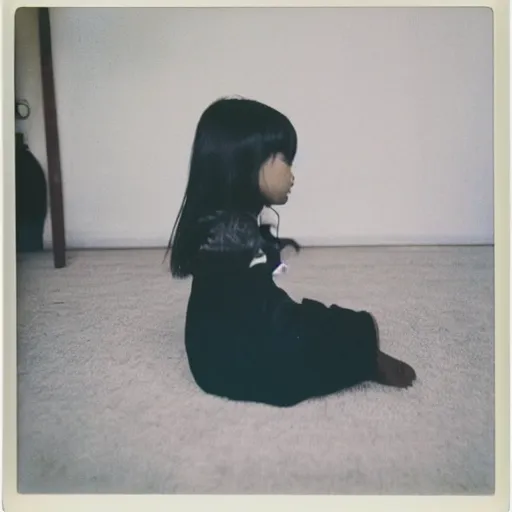 Image similar to a toddler girl sitting in a living room designed by yohji yamamoto, polaroid