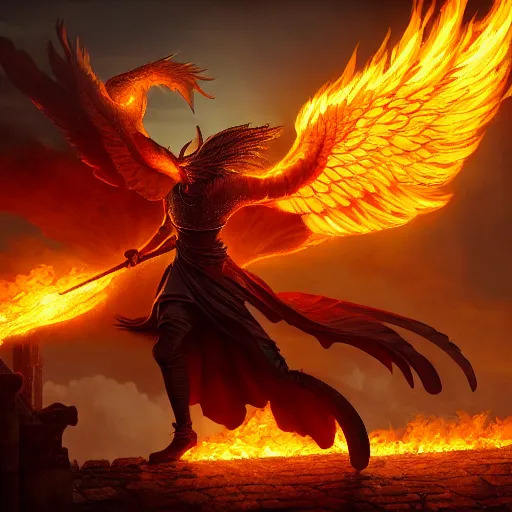 Prompt: Anthropomorphic phoenix in fire flying through a medieval town by night, DnD character, unreal engine, octane render, dramatic lighting, pond, digital art, by Stanley Artgerm Lau, greg rutkowski, thomas kindkade, alphonse mucha, loish, norman Rockwell