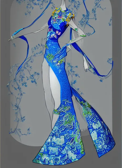 Image similar to blue qipao dress, fantasy illustration, concept art, dress design by alexander mcqueen