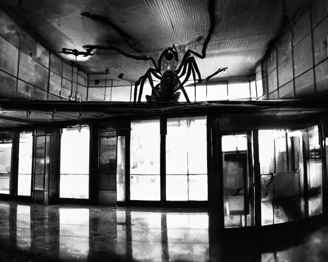 Image similar to camera footage of a Gigantic Spider Demon in an abandoned shopping mall, high exposure, dark, monochrome, camera, Unreal engine 5, grainy, CCTV, security camera footage, timestamp, zoomed in, fish-eye lens, Evil, spider, horrifying, lunging at camera :4