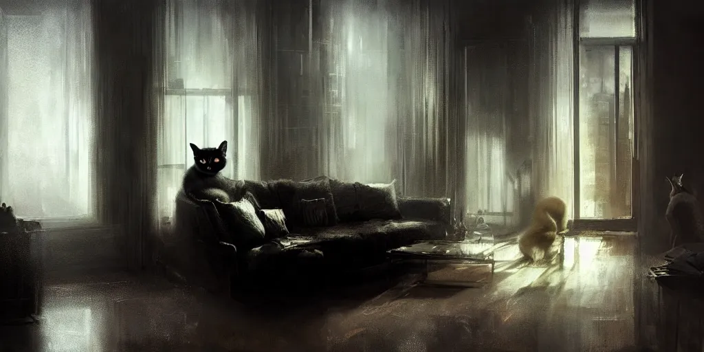 Image similar to a dramatic portrait of a siamese cat inside a modern apartment, intricate concept art, ethereal, cinematic, dramatic lighting, by jeremy mann and julius adam ii