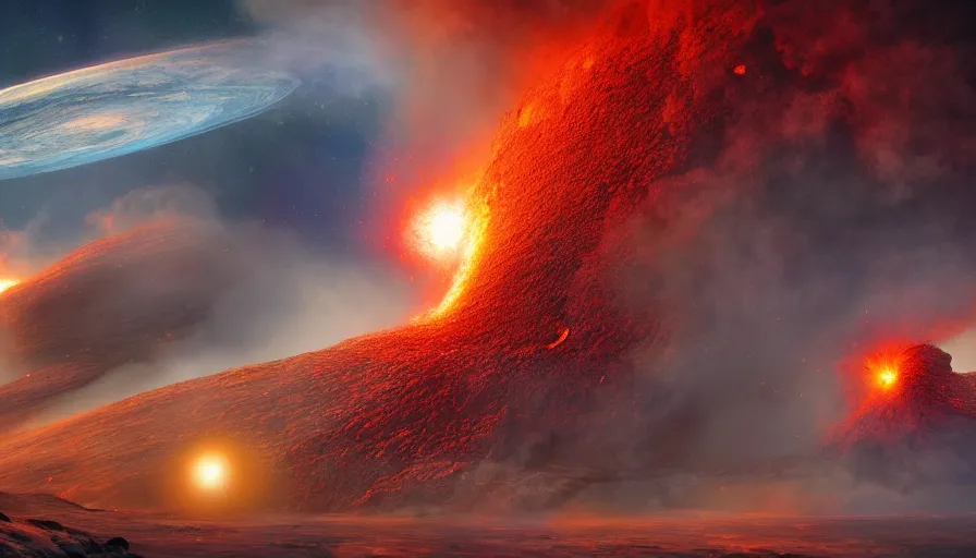 Image similar to an imax view of an exploding volcano on a beautiful exoplanet, art by james paick and roger dean and federico pelat and markus vogt, hyperrealism, science fiction, cinematic lighting