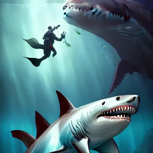 Prompt: a dream fantasy painting of ( white shark with blood teeth ) near a scuba diver, in the deep, trending on artstation, deviantart, matte painting by greg rutkowski, holly bruce, jon kuo