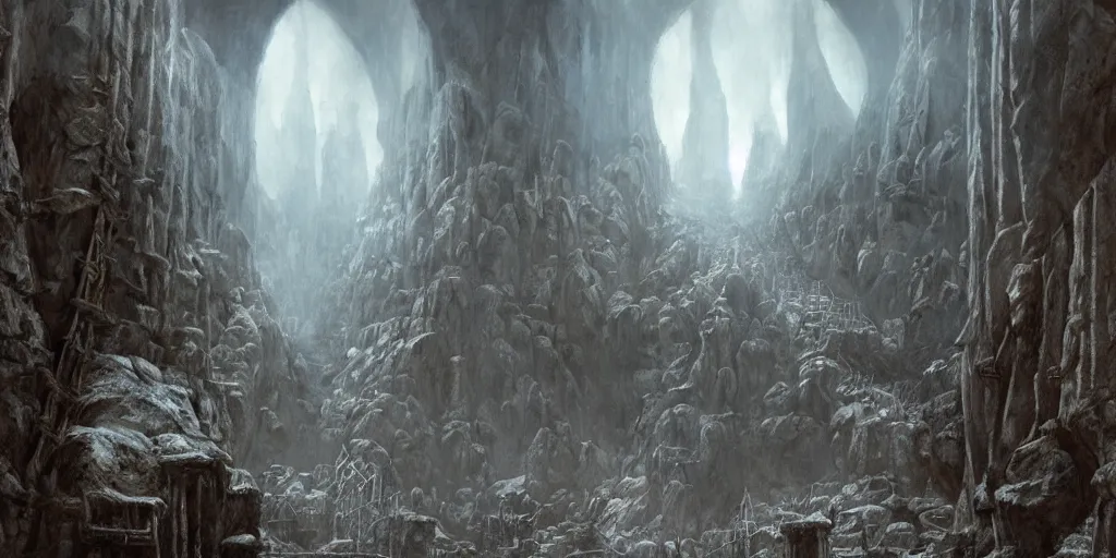 Image similar to Khazad-dûm in the Mines of Moria, detailed matte painting, cinematic, Alan Lee, Artstation