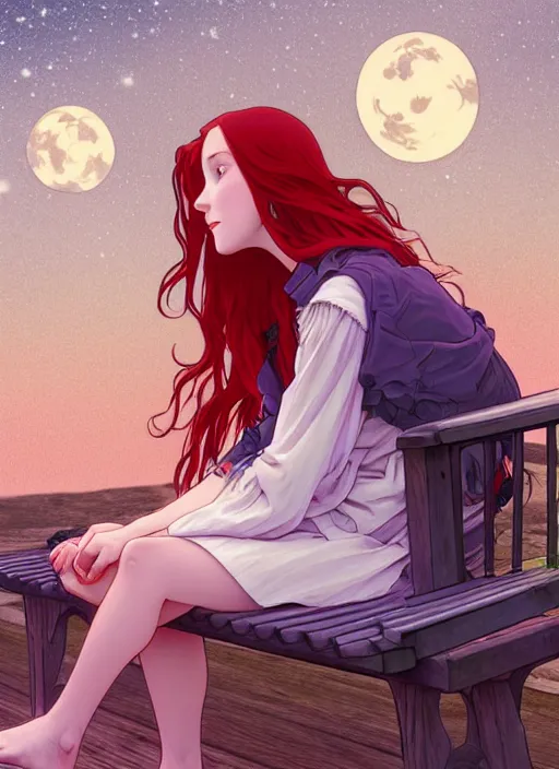 Image similar to pretty young woman with long red hair sitting on a park bench under bright moonlight, path traced, highly detailed, high quality, digital painting, by studio ghibli and alphonse mucha, leesha hannigan, makoto shinkai, disney