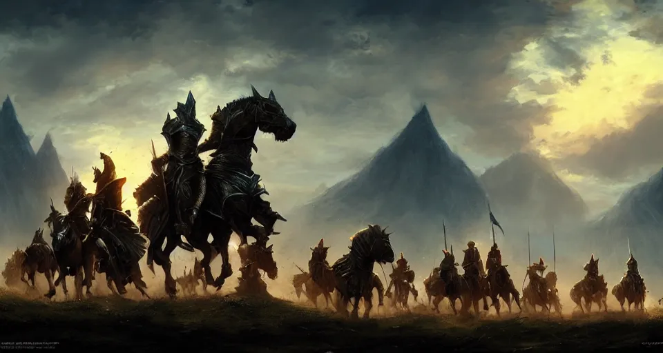 Image similar to Group of fantasy knights mounted on armored warhorses . Scenic view sunset , underexposed, clean horizon, matte painting by craig mullins and dan mumford, cinematic, high fantasy, style of game of thrones, concept art trending on artstation, 4k, insane details