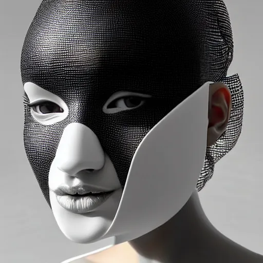 Image similar to ultra detailed woman wearing a white mask with black wires on her head, featured on pinterest, net art, made of wire, 1 0 mm lens, elegant, ultra detailed, hyper realistic vfx simulation, unreal engine, volumetric lighting, 8 k post - production