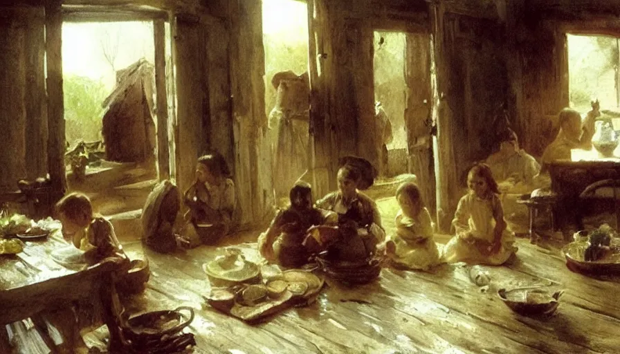 Image similar to simple villager family about to eat a meal together in their beautiful simple cottage home, art by anders zorn, wonderful masterpiece by greg rutkowski, beautiful cinematic light, american romanticism thomas lawrence, greg rutkowski