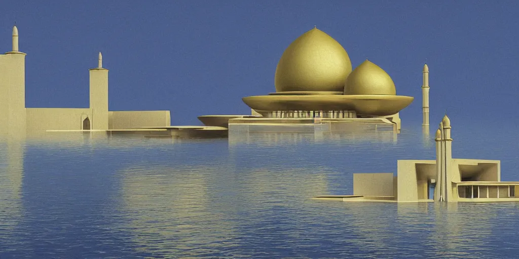 Image similar to mosque floating spaceship by louis kahn, golds fantasy world