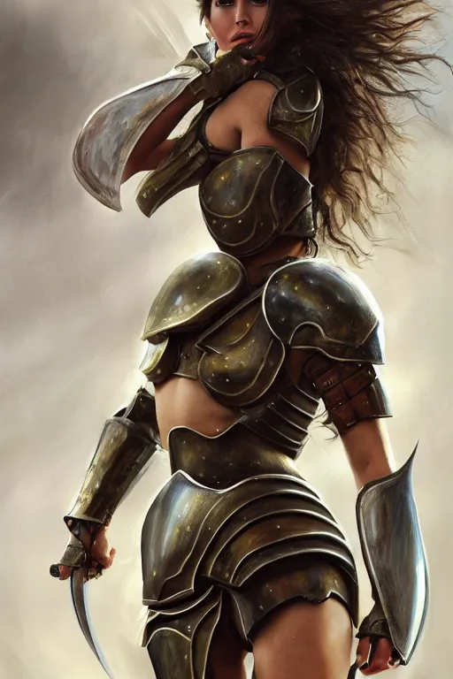 Image similar to a photo-realistically painted portrait of an attractive young girl, partially clothed in chunky battle armor, abstract background, flawless olive skin, fair complexion, long dark hair, beautiful bone structure, perfectly symmetric facial features, perfect photorealistic eyes, natural physique, intricate, elegant, digital painting, concept art, finely detailed, beautifully illustrated, sharp focus, minimal artifacts, volumetric lighting, from Metal Gear, by Ruan Jia and Mandy Jurgens and Artgerm and William-Adolphe Bouguerea, in the style of Greg Rutkowski, trending on Artstation, award winning art