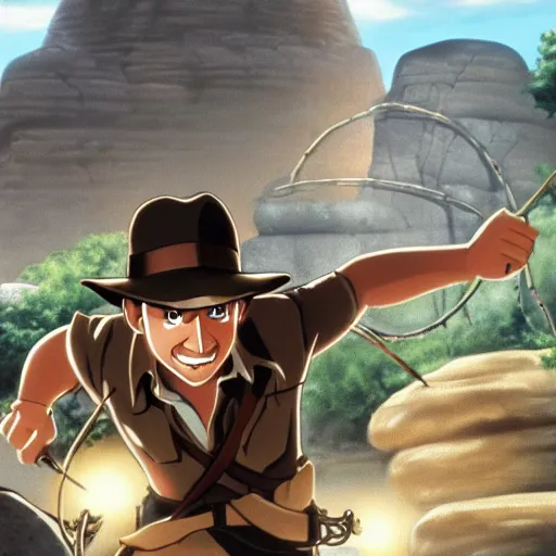 Image similar to Indiana Jones being chased by a boulder trap, boulder chase, underground sandstone temple background, giant round stone chasing Indiana Jones, raiders of the lost ark, anime key visual