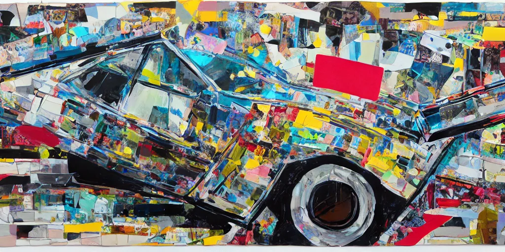 Prompt: lowrider crash test, collage paper and tape, acrylic on canvas, hyperrealism mixed with expressionism, high resolution, cinematic, unreal 6 breathtaking detailed, by blake neubert, by matt sesow