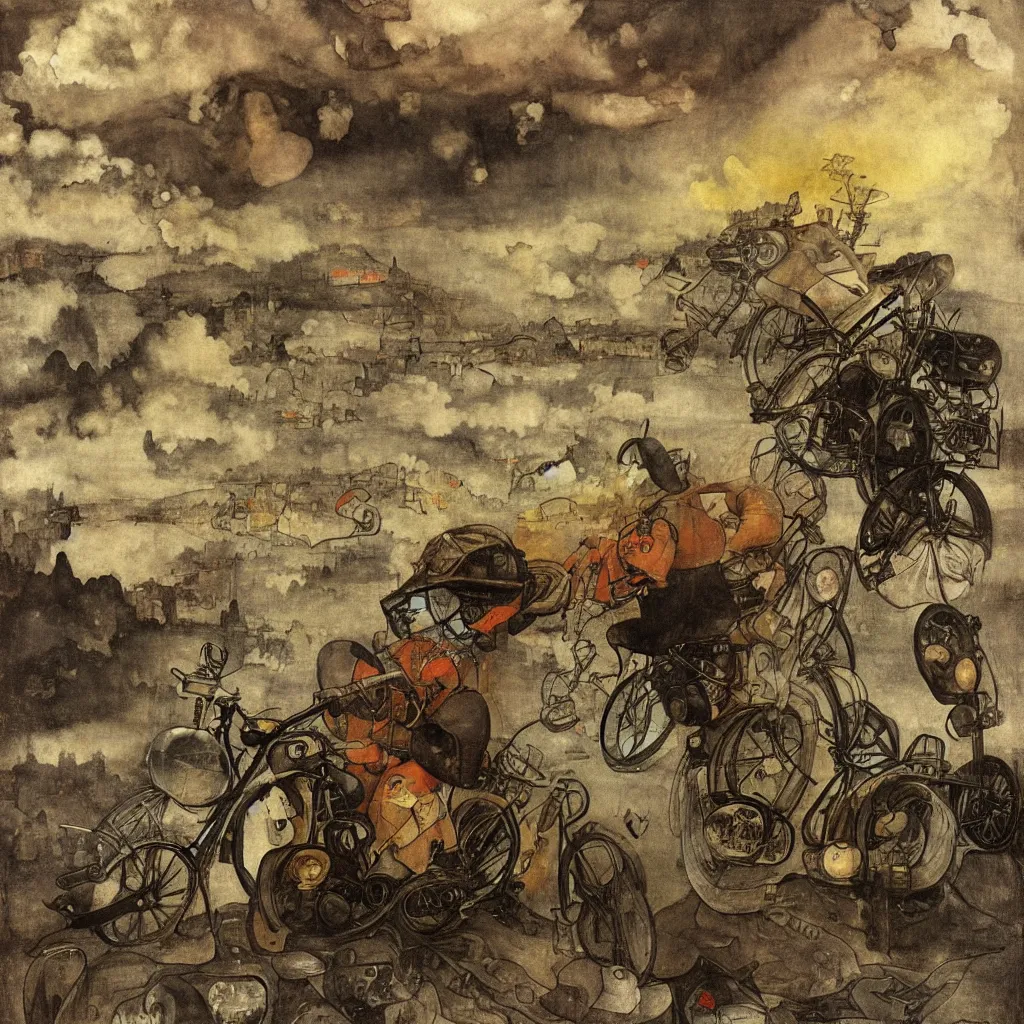 Image similar to a city in the clouds, one raised road leaving the city curving towards viewer with one motorcycle with headlight on man riding motorcycle wearing leather jacket and black helmet, by hieronymus bosch and alphonse mucha