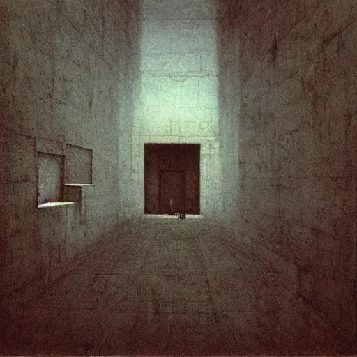 Image similar to backrooms swimming pool liminal space, a little man lost in immensity by zdzislaw beksinski