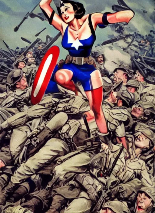 Prompt: beautiful female captain america standing on a pile of defeated german soldiers. feminist captain america wins wwii. american wwii propaganda poster by james gurney overwatch. anime.