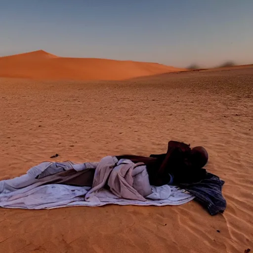 Image similar to a photo of Ghandi sleeping rough in the Sahara during eclipse sunrise, perfect lighting