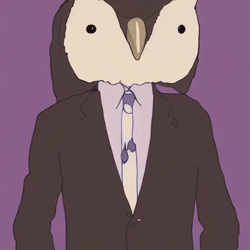 Image similar to still from studio ghibli movie My Neighbor Totoro, Hayao Miyazaki,barn owl in a black suit wearing an office bag going to the office, symetrical face,digital oil painting