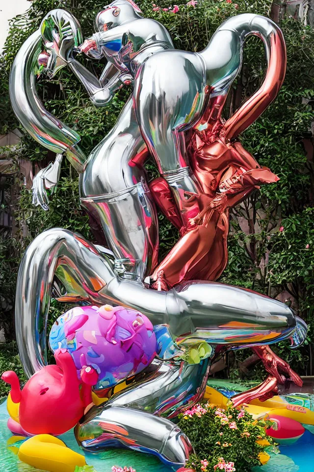 Image similar to close - up of a cyborg chrome nymph statue wrestling with a giant inflatable flamingo pool float, surrounded by medinilla magnifica flowers and smoke, by jeff koons, hajime soryama, boris vallejo, artgerm, greg rutkowski, alphonse mucha