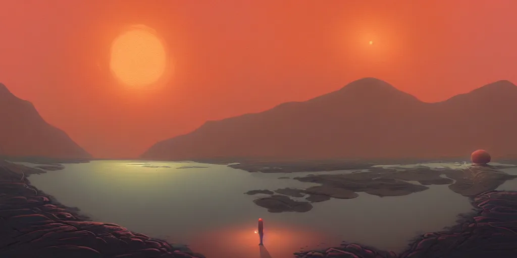 Prompt: a digital painting of water on mars, misty, by simon stalenhag, sci - fi, land