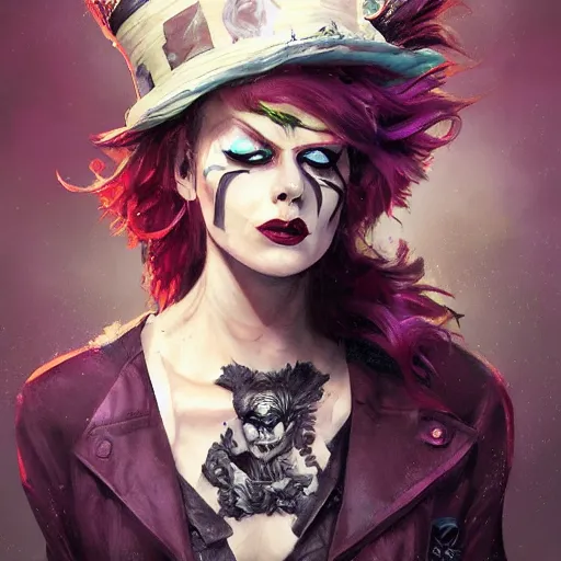 Image similar to realistic, full body portrait, attractive punk female mad hatter, by Jordan Grimmer and greg rutkowski, crisp lines and color,