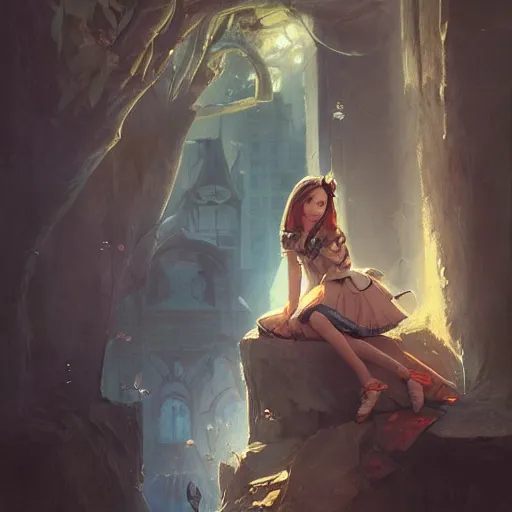 Image similar to portrait of alice in wonderland, dramatic lighting, city background, chiaroscuro, high detail, painted by greg rutkowski, painted by igor kieryluk, painted by bobby chiu, trending on artstation