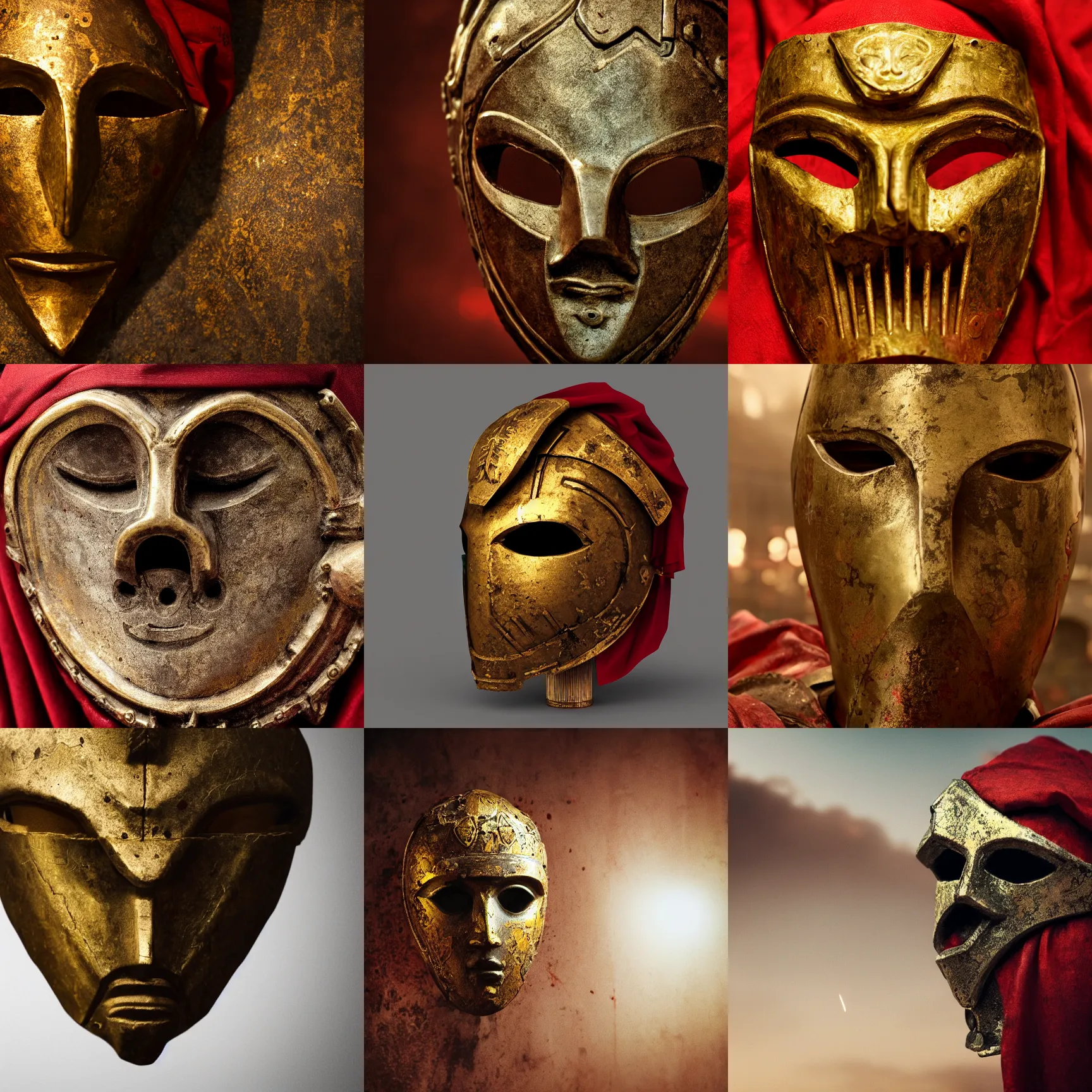 Prompt: ancient roman assassin mask, dirty old golden metal, etched inscriptions, red cloth, splash art, movie still, cinematic lighting, dramatic, octane render, long lens, shallow depth of field, bokeh, anamorphic lens flare, 8k, hyper detailed, 35mm film grain