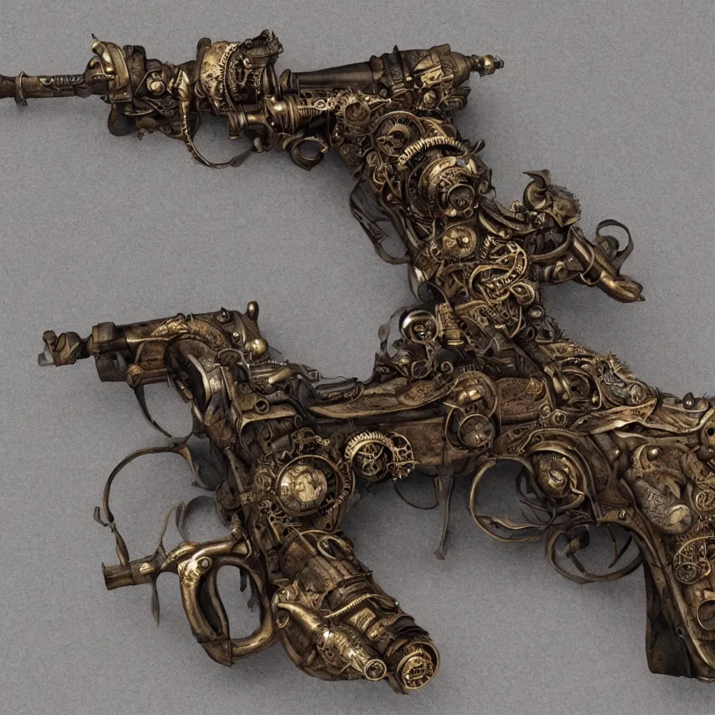 Image similar to a gun very cool, steampunk style,, highly detailed, photorealistic