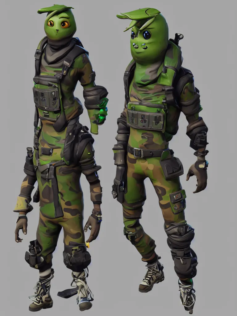 Prompt: lone fortnite character of anthropomorphic pickle with kind eyes and a derpy smile. wearing a flak jacket ammo bandolier cargo pants black combat boots. single fortnite design, unreal engine, highly detailed