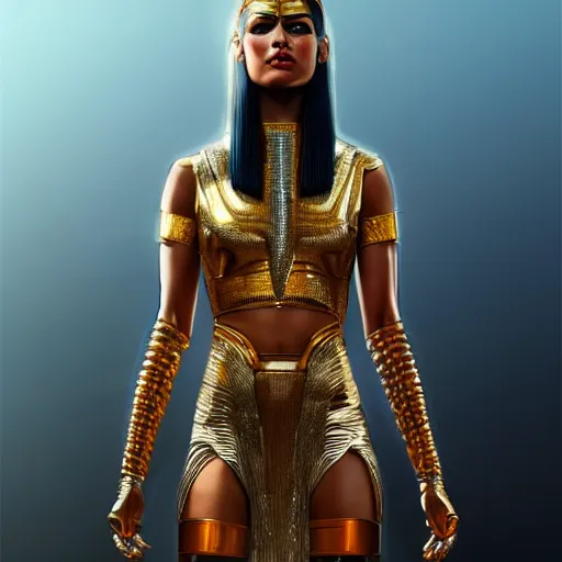 Prompt: full body portrait of the muscular Egyptian Android Pharaoh Queen, by DC comics and Sandra Chevrier and beeple, artstation, volumetric lighting and fog, hyperrealism, hyper detailed futuristic royalty, award winning costume design, cybernetic bionic ancient cyborg, fashion show runway, futuristic fine textures, woven with electricity, high fashion superpowers, floating dust particles, bokeh, mystic haze, 4k UHD, HDR