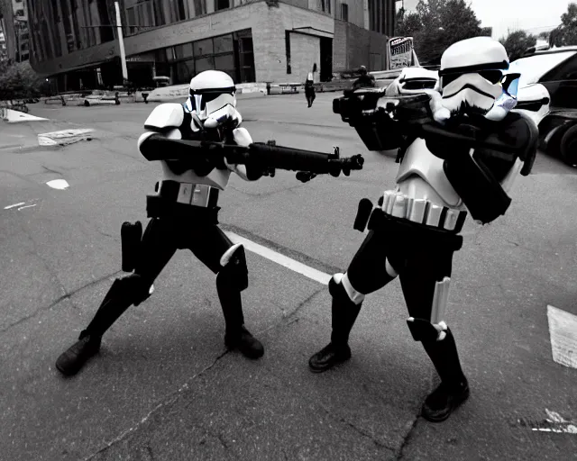 Prompt: helmet cam, stormtroopers apprehending a suspect in Detroit, grainy, fish eye lens, black and white, night vision, cdx