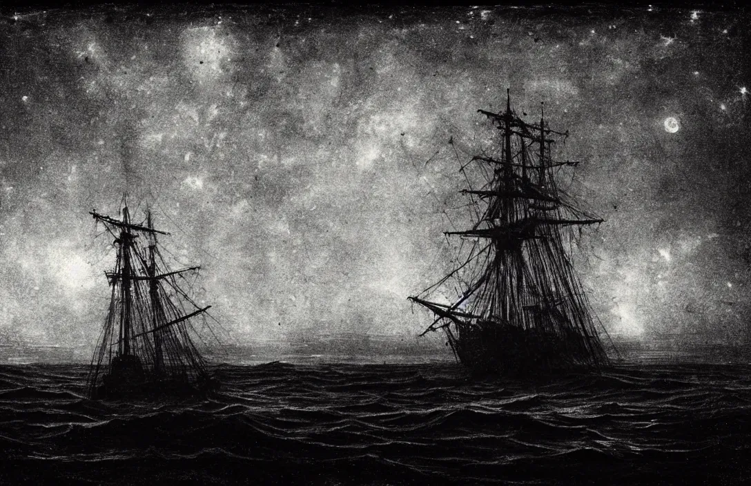 Prompt: stars lingering above ship ever further out to sea intact flawless ambrotype from 4 k criterion collection remastered cinematography gory horror film, ominous lighting, evil theme wow photo realistic postprocessing implicit link is made between form has depth as well as width and height. three - dimensional form is the basis painted without underdrawings by jan urschel by jan urschel