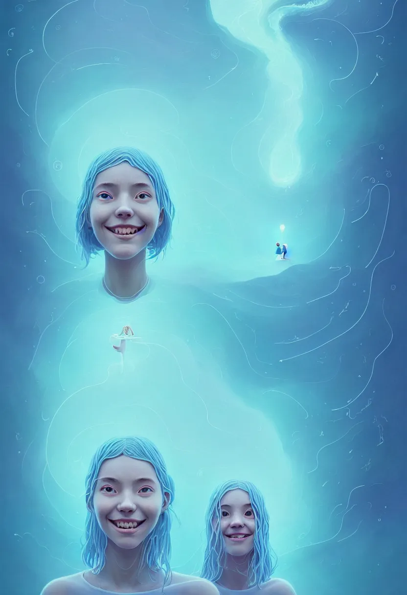 Image similar to young woman smiling in etheric hypothalamus of her mind, in a light blue color palette of cosmic spring, flowing, intricate, beautiful render, award winning photography, by simon stalenhag and wlop and artgerm, beautiful illustration