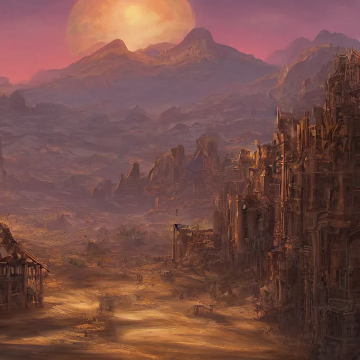 Image similar to large densely packed bustling old western style city in the middle of a sandy flat desert with a single mountain on the very distant horizon. magic the gathering art, digital media