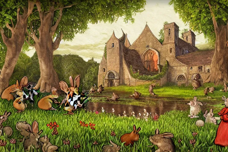 Image similar to an elaborate and dense painting of redwall abbey in mossflower wood with lots of mice and rabbits and otters walking around, detailed by brian jacques