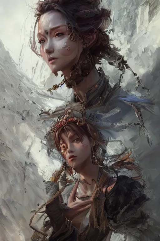 Image similar to A masterpiece portrait of a Incredibly beautiful queer Syberian post apocalyptic shaman girl . medium shot, intricate, elegant, highly detailed. trending on artstation, digital art, by Stanley Artgerm Lau, WLOP, Rossdraws, James Jean, Andrei Riabovitchev, Marc Simonetti, Yoshitaka Amano