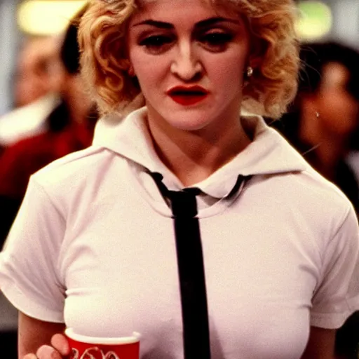 Prompt: picture of a 2 4 - year old madonna's famous 1 9 8 4 cameo as a mcdonald's worker in trading places, ( eos 5 ds r, iso 1 0 0, f / 8, 1 / 1 2 5, 8 4 mm, postprocessed, crisp face, facial features )